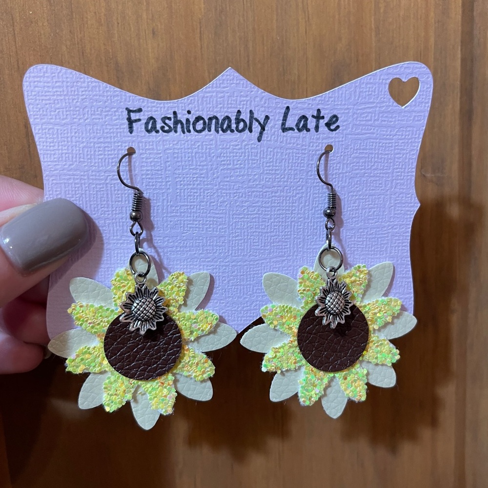 Sunflower Faux Leather Sparkly Earrings with Charm